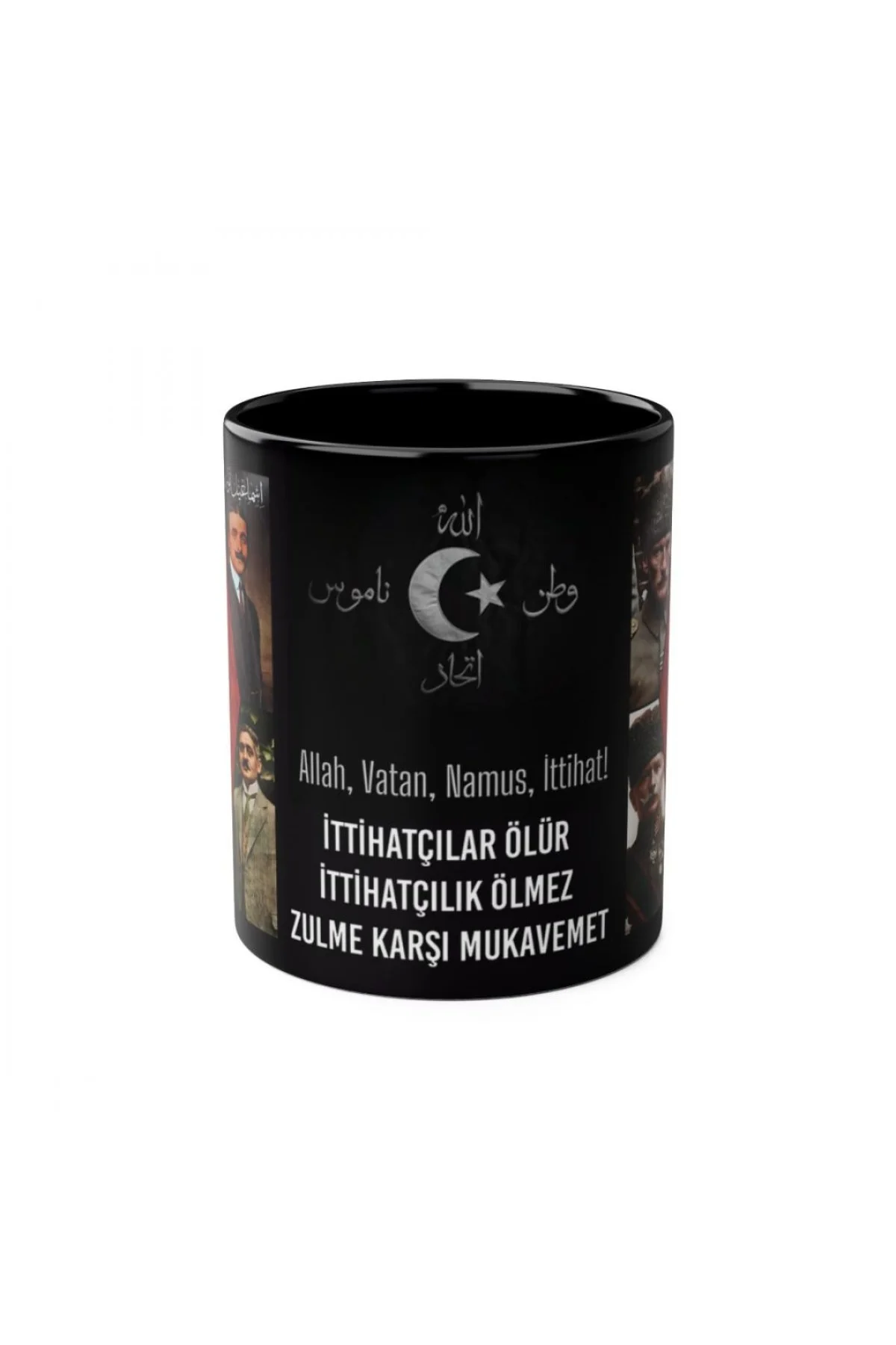 İttihatçılar Ölür İttihatçılık Ölmez yazılı ay yıldız merkezli tarih temalı siyah kulplu özel tasarım kupa