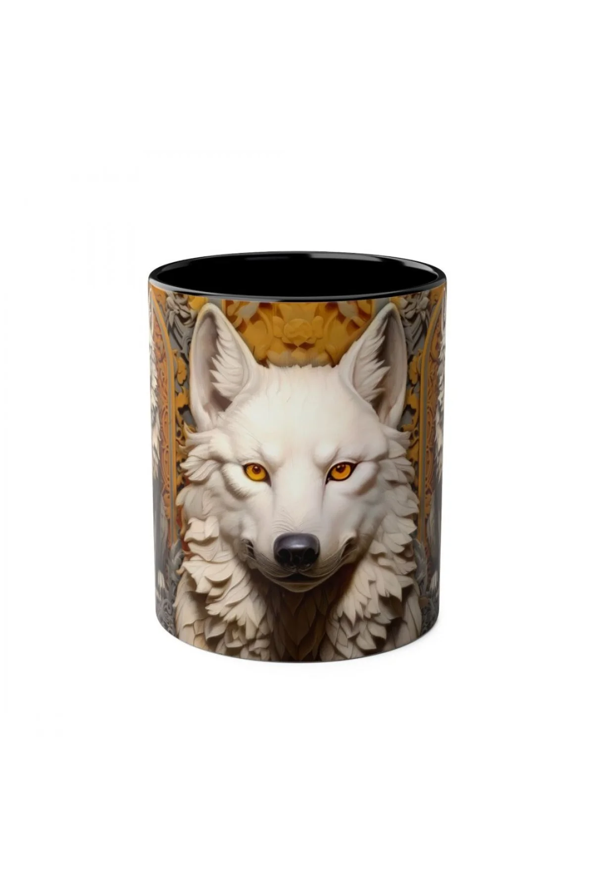 Altın motifli beyaz kurt figürlü siyah kulplu koleksiyonluk özel tasarım kupa