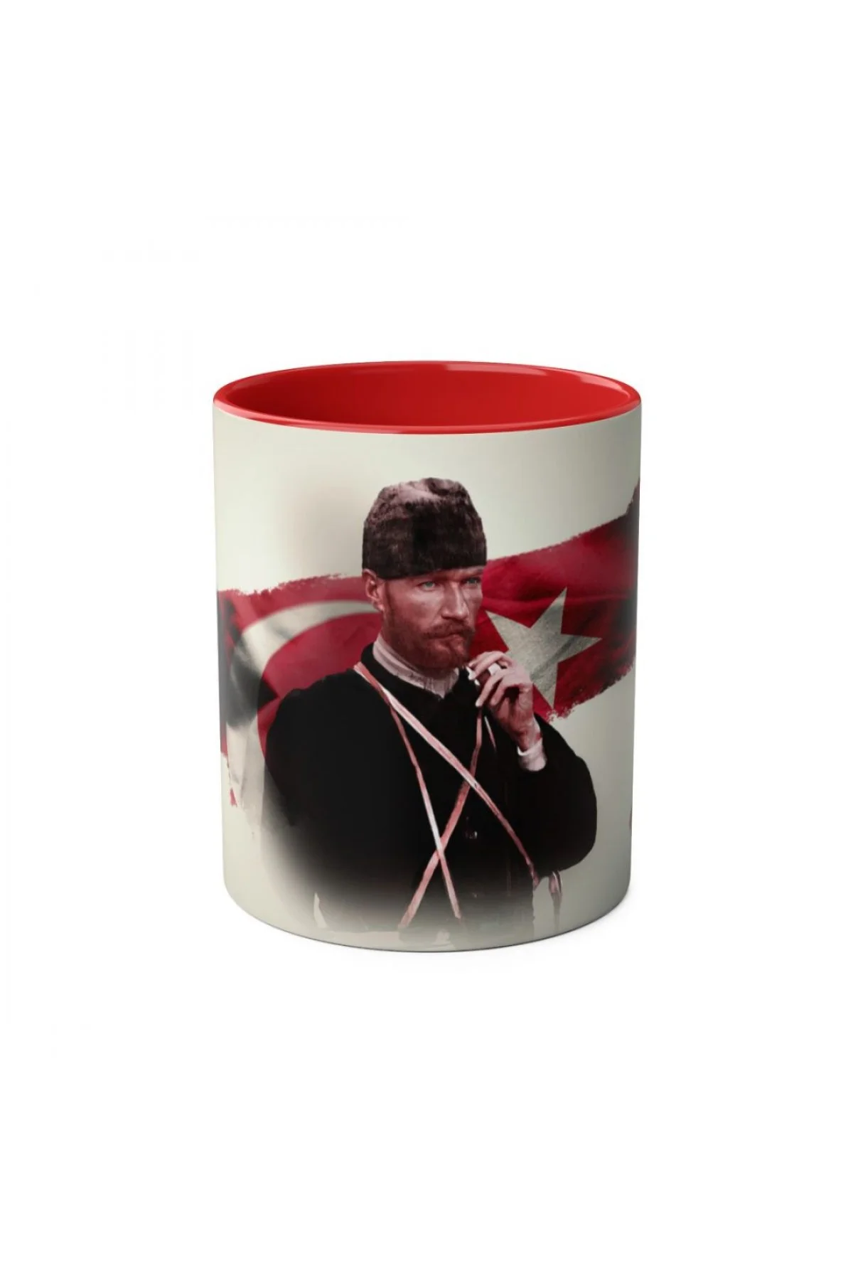 Atatürk portreli kırmızı zemin ay yıldızlı kırmızı kulplu özel tasarım kupa