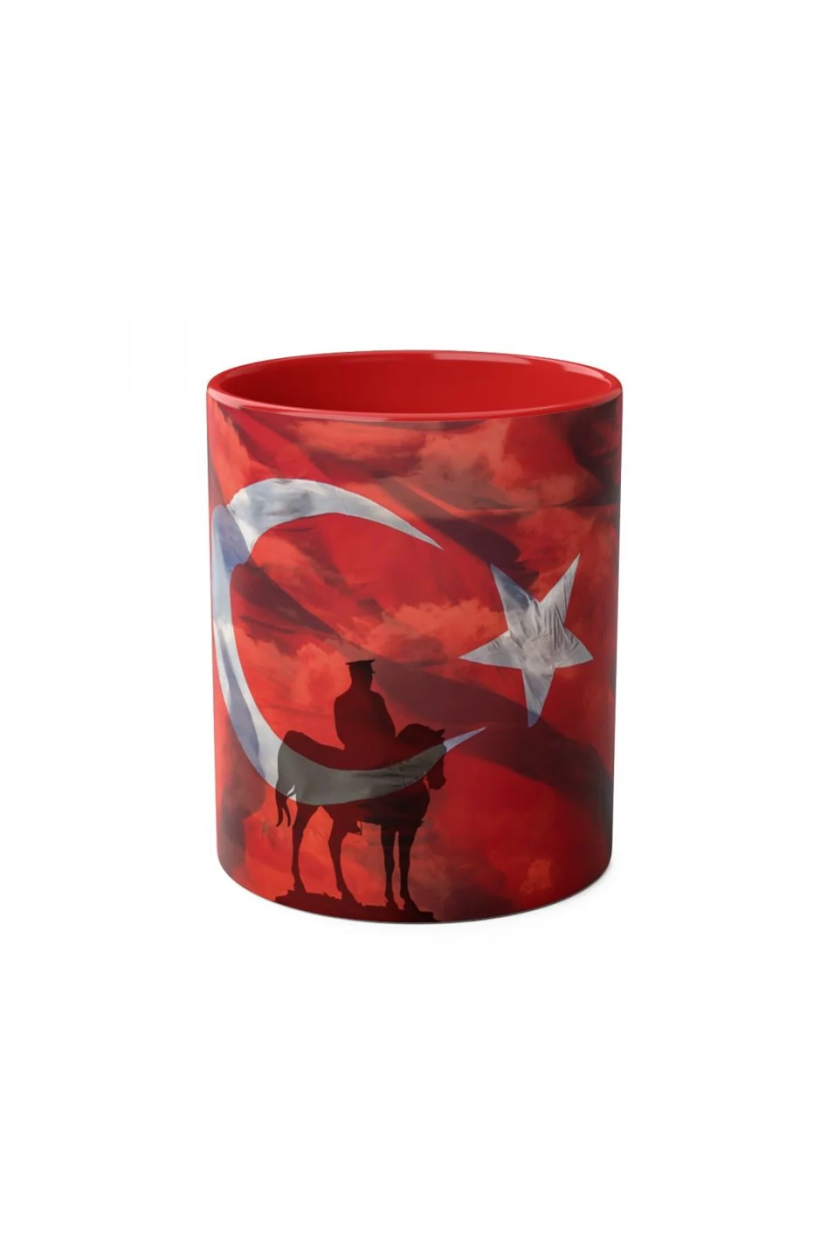 Ay yıldız önünde Atatürk silüetli kırmızı renkli özel tasarım kupa