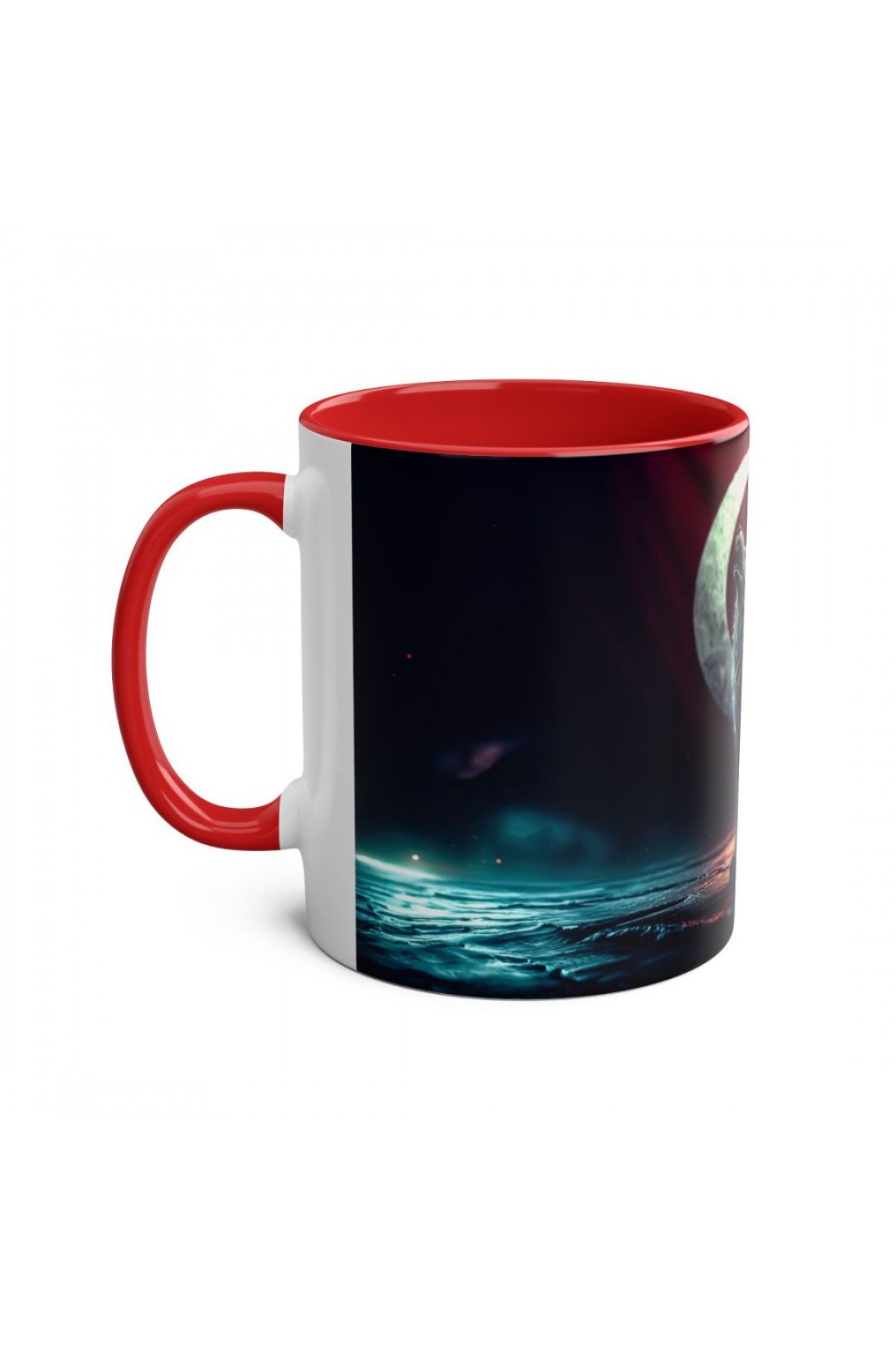 Ay yıldız önünde uluyan bozkurt figürlü renkli özel tasarım kupa