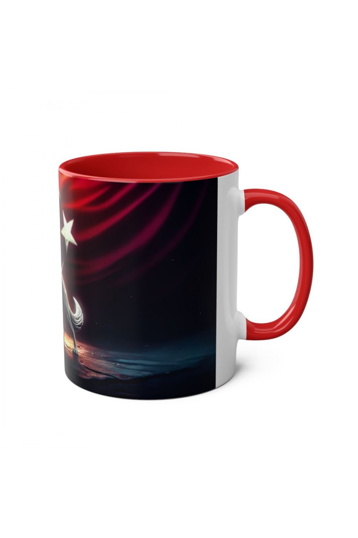 Ay yıldız önünde uluyan bozkurt figürlü renkli özel tasarım kupa