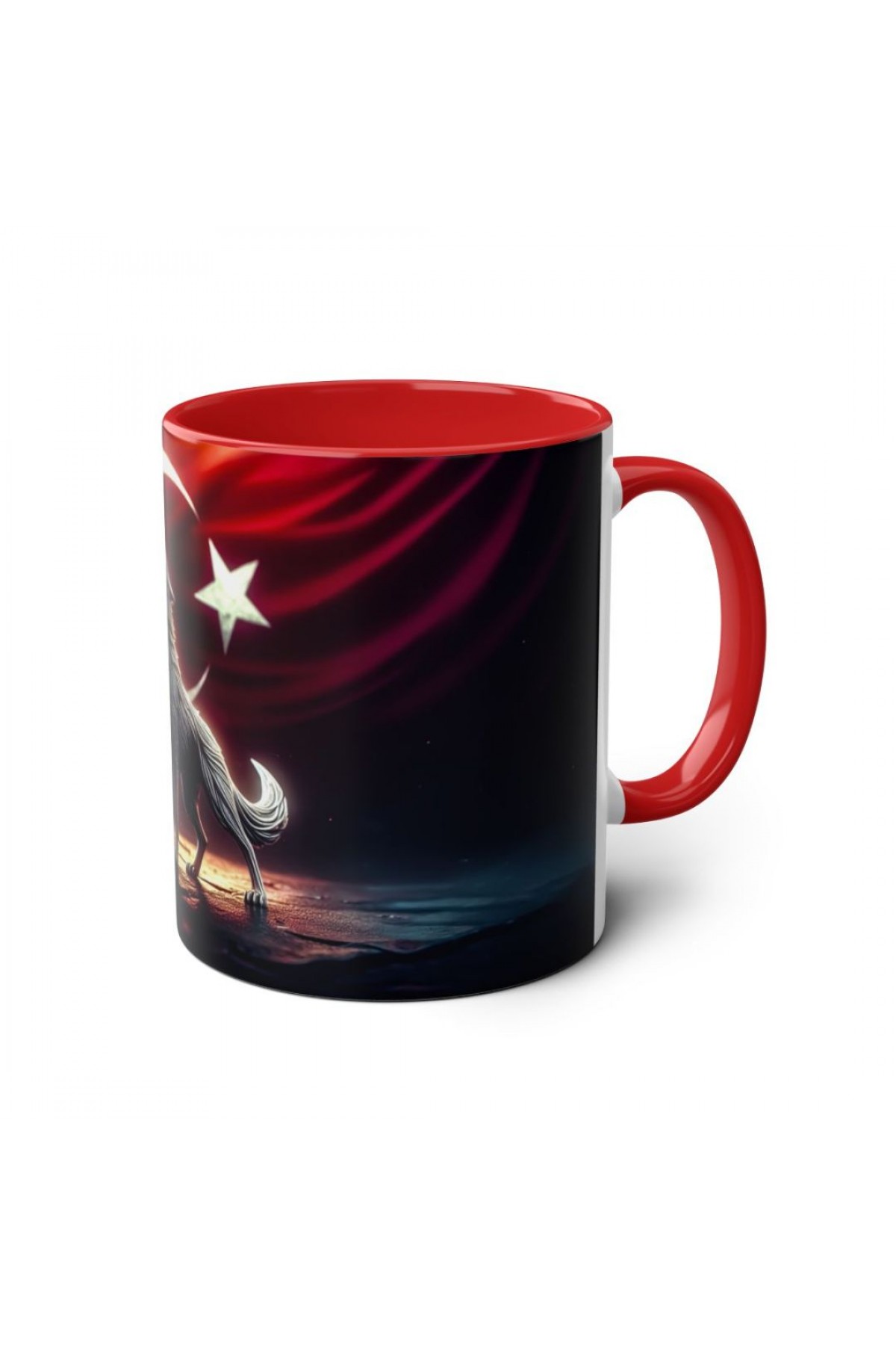 Ay yıldız önünde uluyan bozkurt figürlü renkli özel tasarım kupa