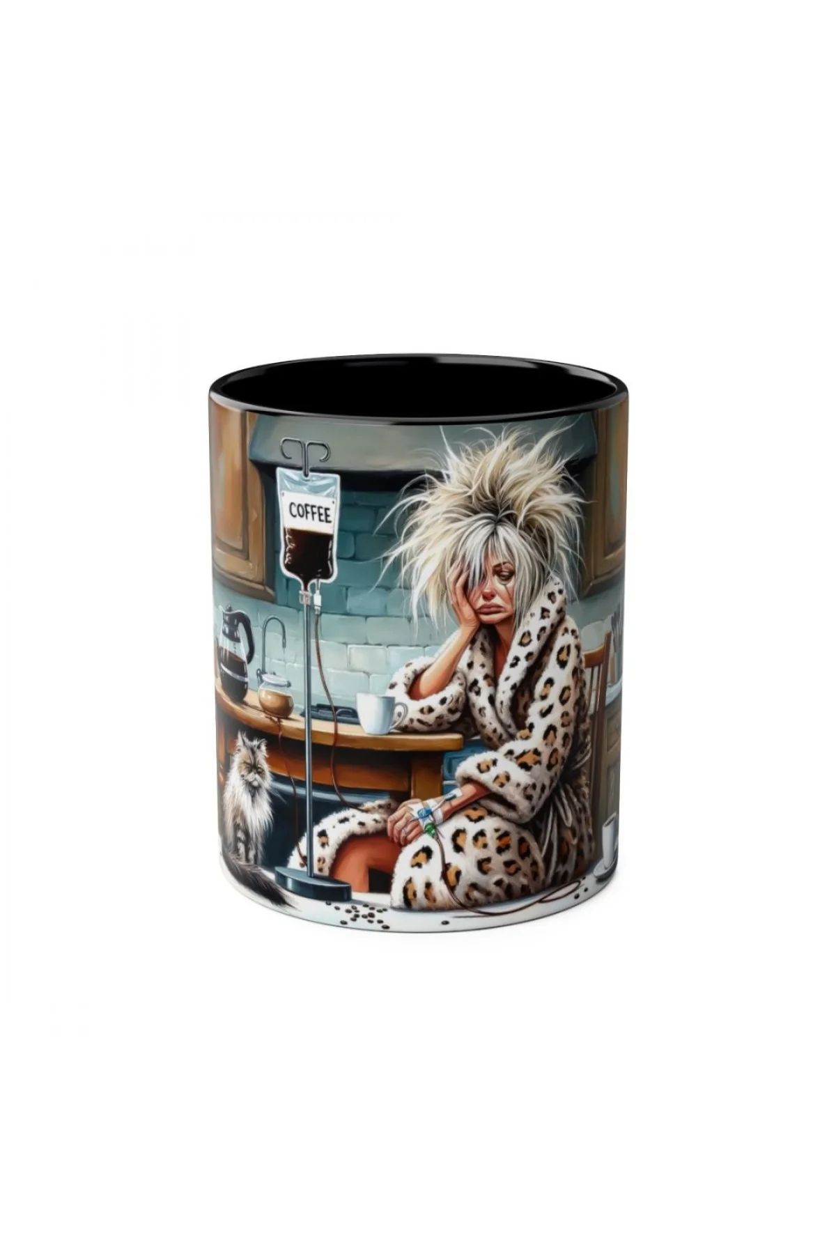 Kahve önce temalı mutfak sahnesi ve kedi figürlü siyah kulplu mizahi özel tasarım kupa