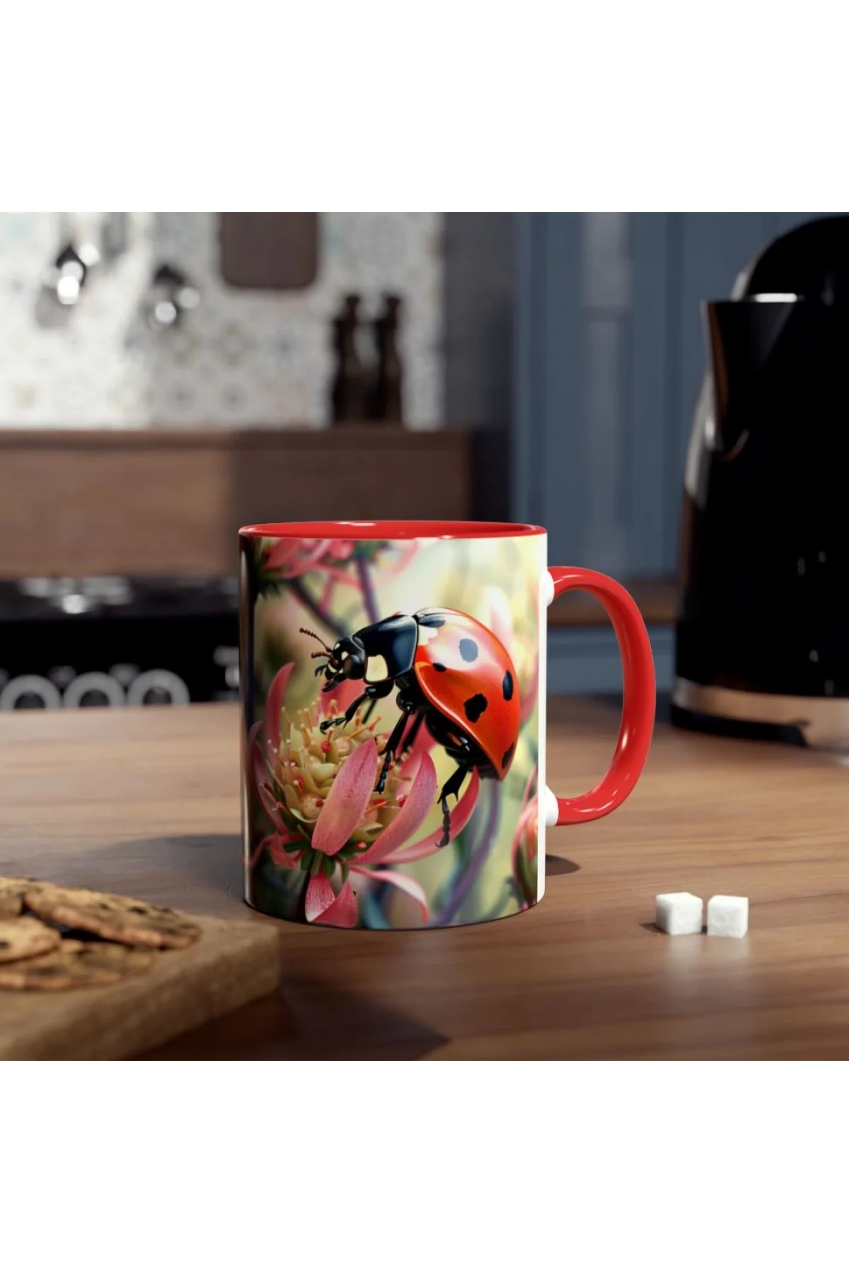 Uğur böceği figürlü renkli kulplu özel tasarım kupa