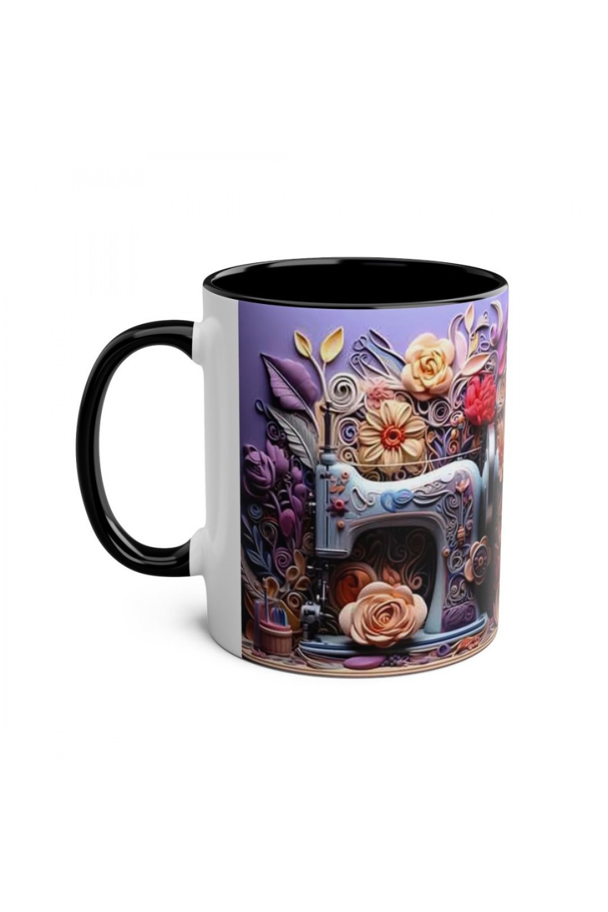 Vintage dikiş makinesi ve çiçek illüstrasyonlu siyah kulplu özel tasarım kupa