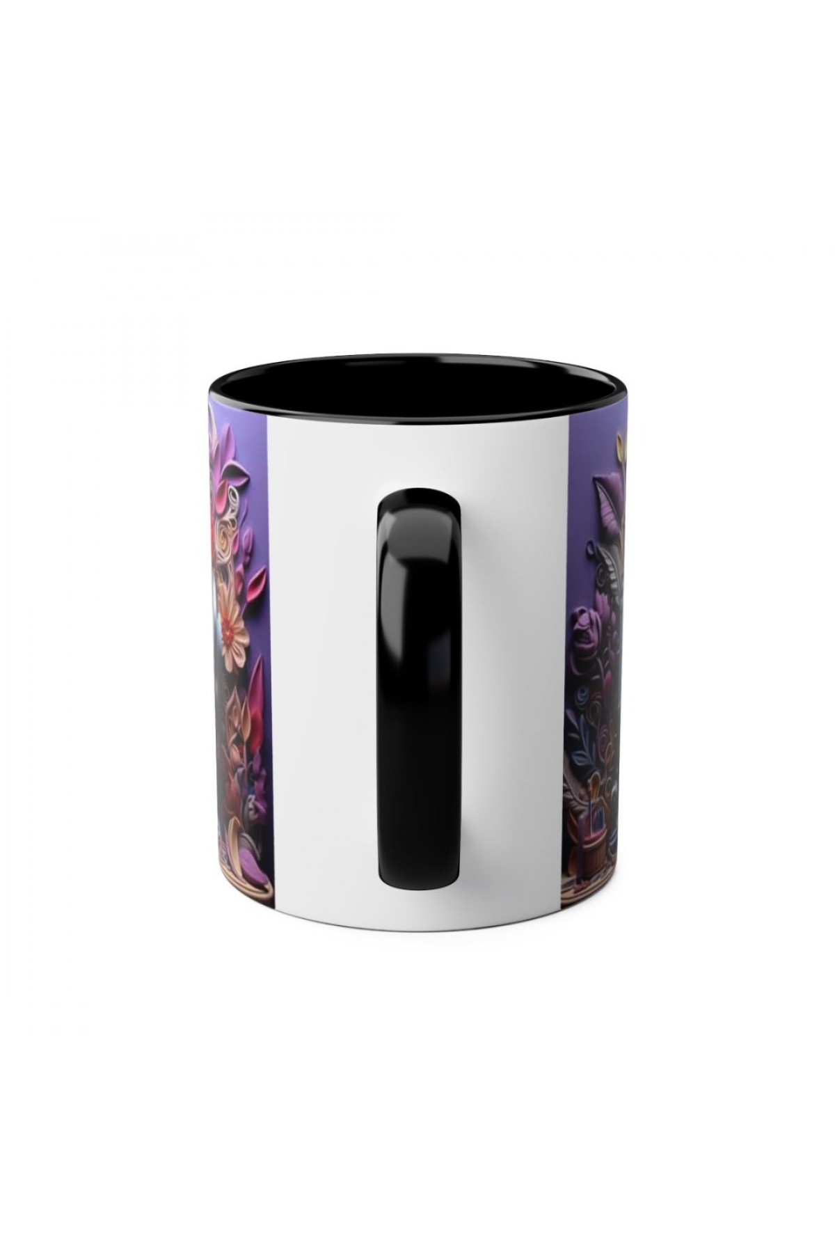 Vintage dikiş makinesi ve çiçek illüstrasyonlu siyah kulplu özel tasarım kupa