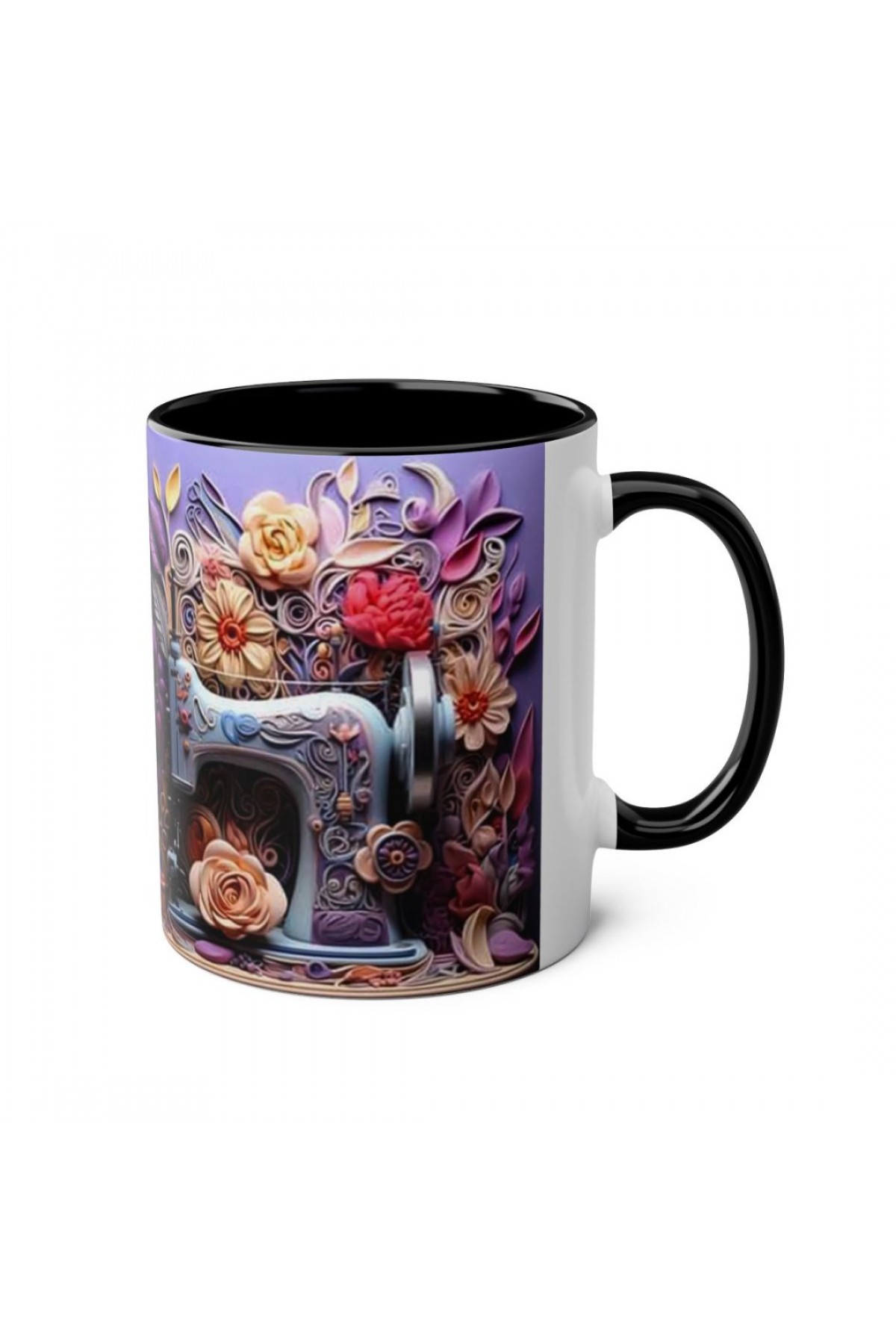 Vintage dikiş makinesi ve çiçek illüstrasyonlu siyah kulplu özel tasarım kupa