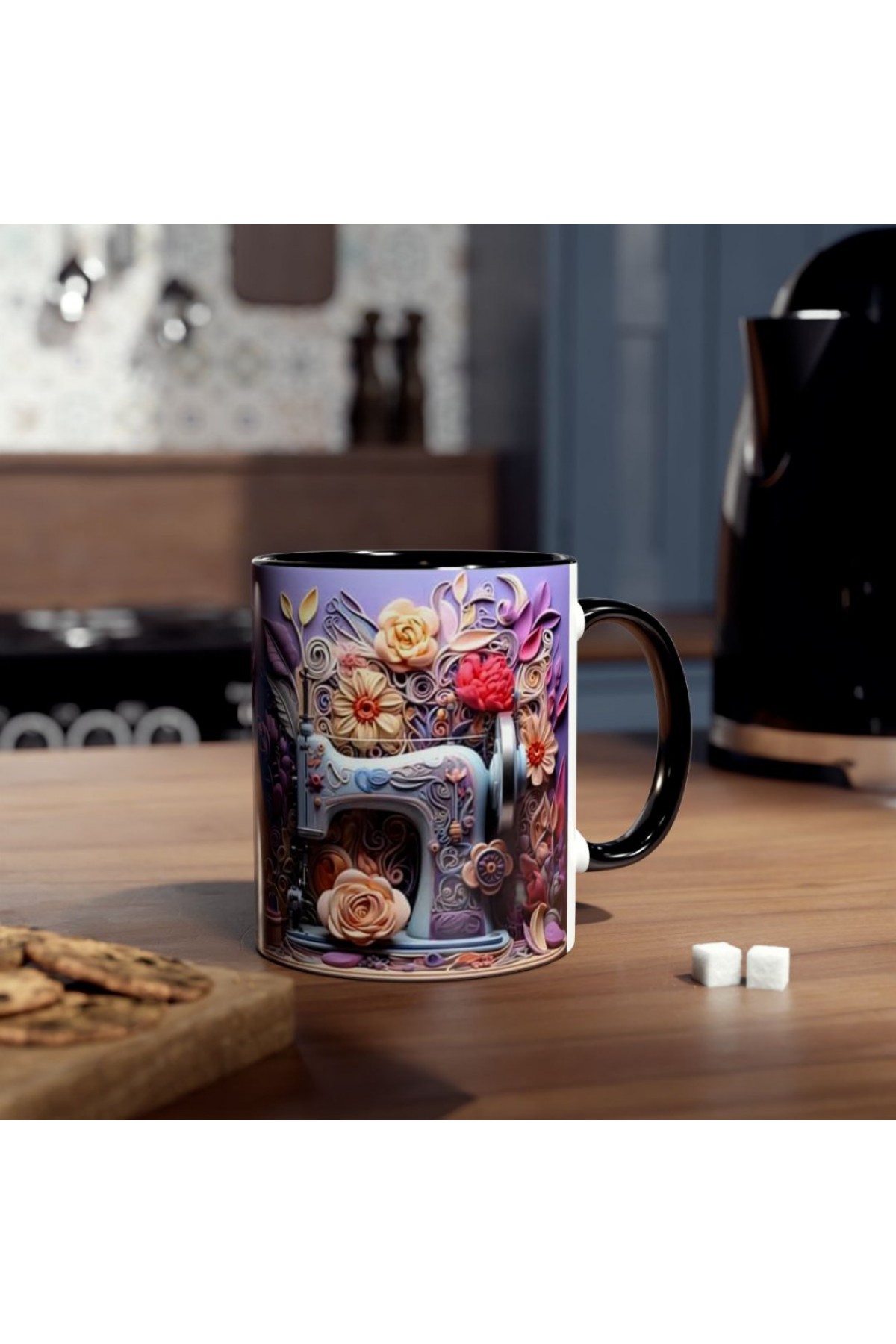 Vintage dikiş makinesi ve çiçek illüstrasyonlu siyah kulplu özel tasarım kupa