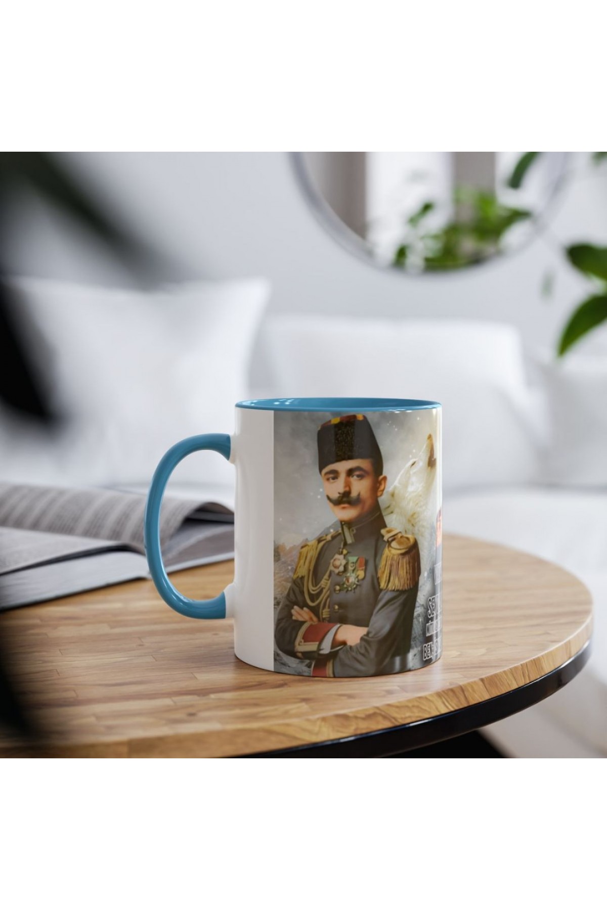 İttihat Terakki ve Türkçü baskılı kupa - tarihî asker ve beyaz kurt tasarımlı kupa
