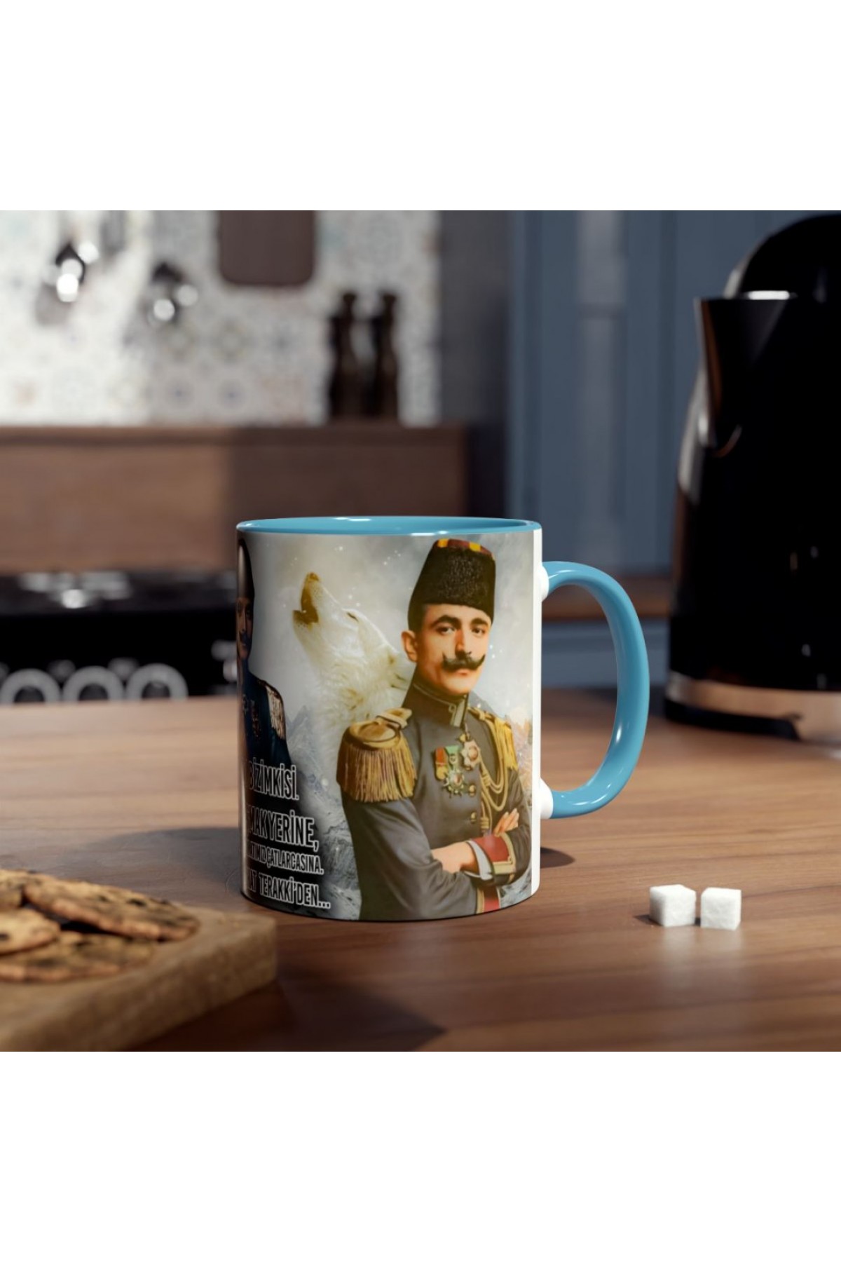 İttihat Terakki ve Türkçü baskılı kupa - tarihî asker ve beyaz kurt tasarımlı kupa