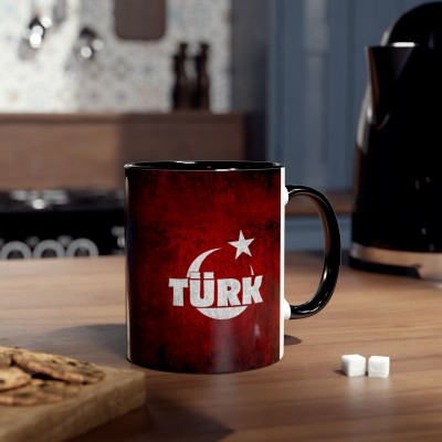 Ay Yıldızlı TÜRK Yazılı Kırmızı Zeminli Siyah Kulplu Özel Tasarım Kupa