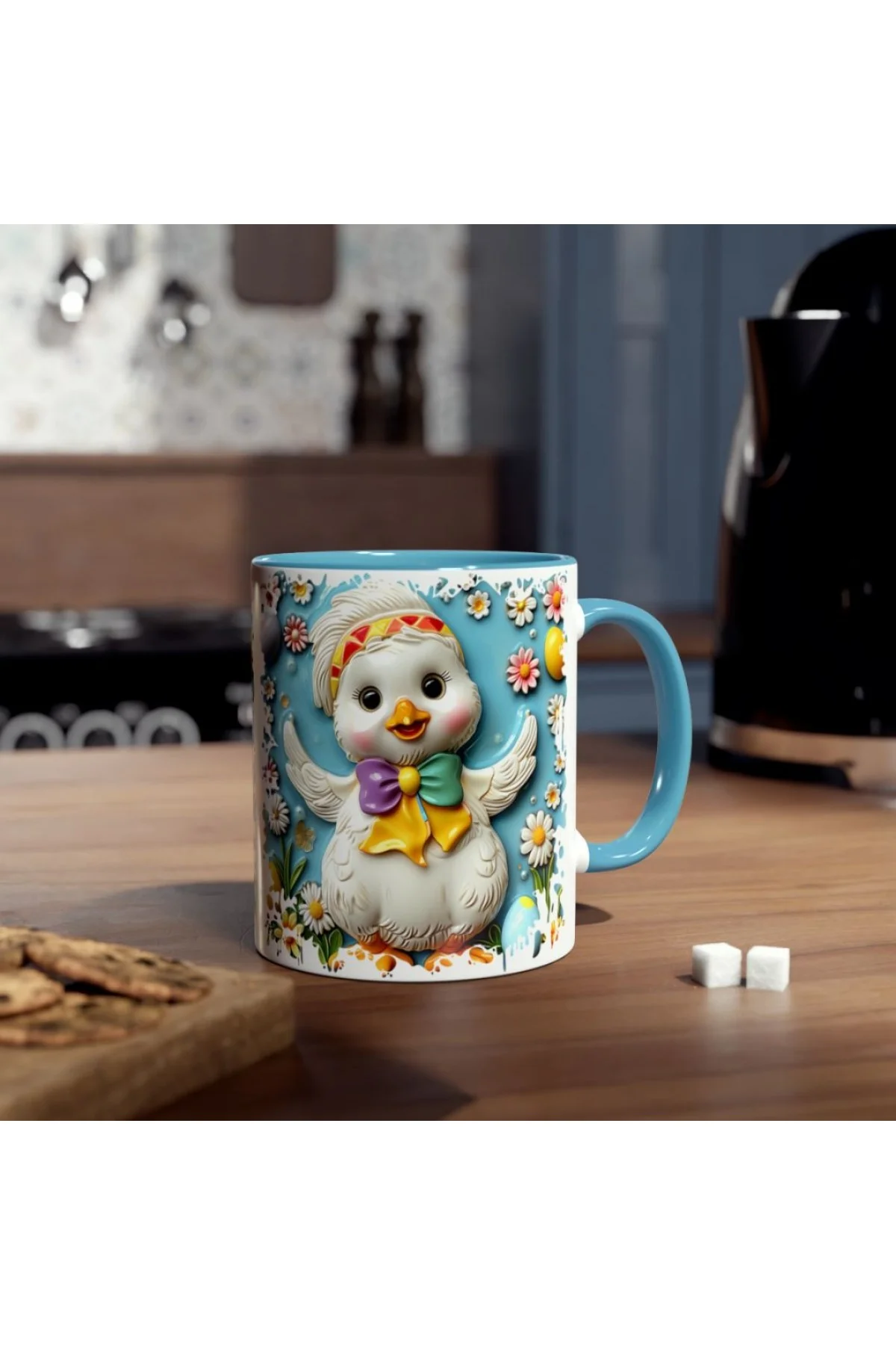 Çiçekler arasında sevimli civciv figürlü açık mavi kulplu özel tasarım kupa