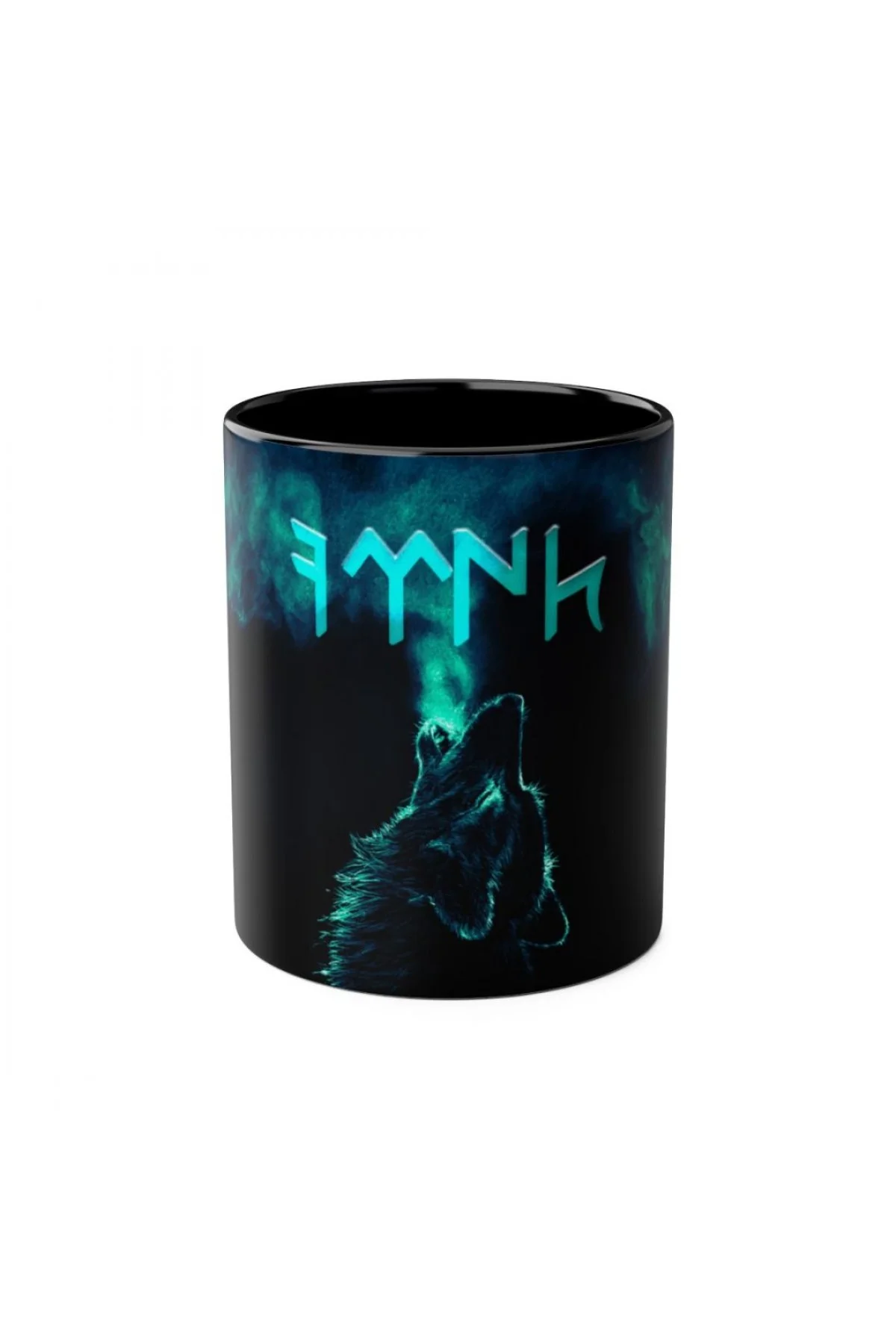 Göktürk alfabesiyle TÜRK yazılı kurt figürlü siyah kulplu özel tasarım kupa